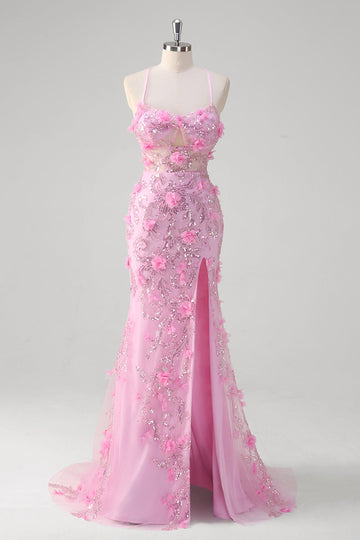 Rosa sirena spaghetti spalline paillettes Abito da Cerimonia con fiori 3D
